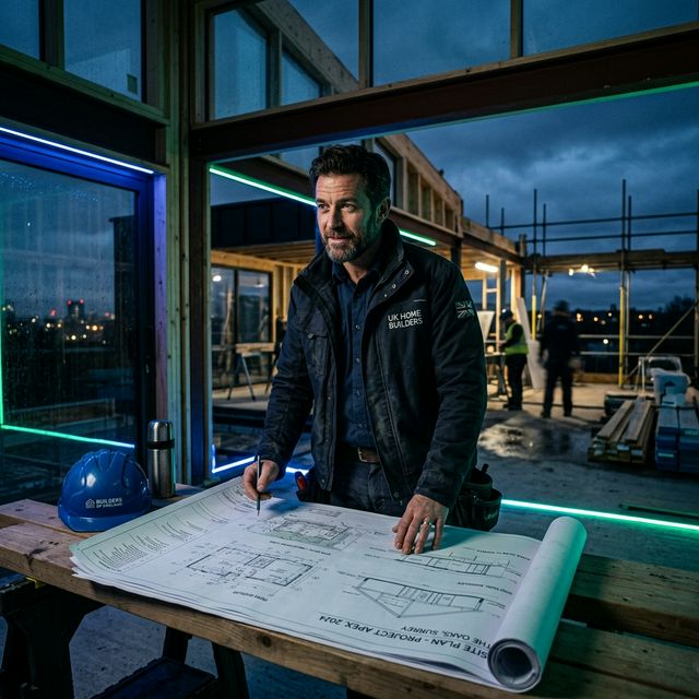 Professional builder reviewing plans on a construction site