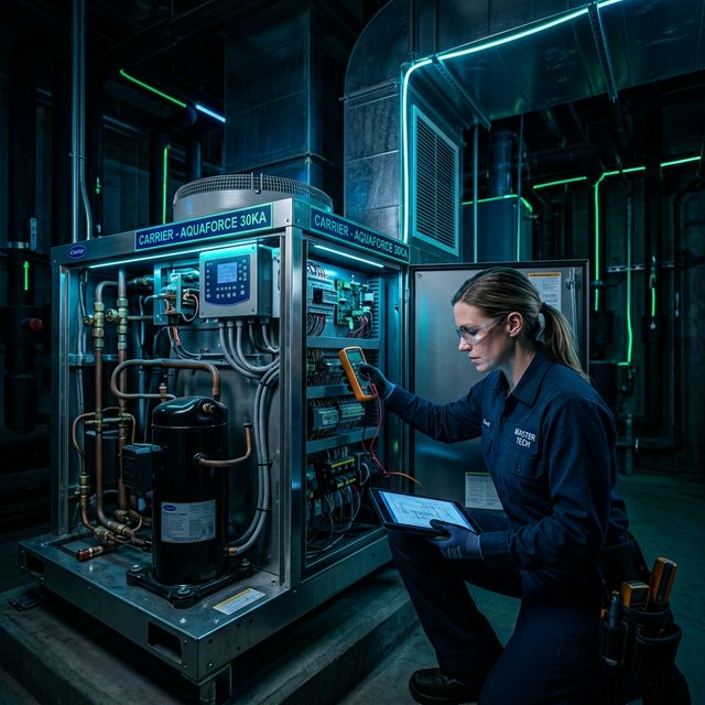 Expert HVAC engineer working on a clean modern industrial air conditioning unit