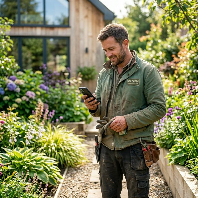 Landscaper at work using a phone