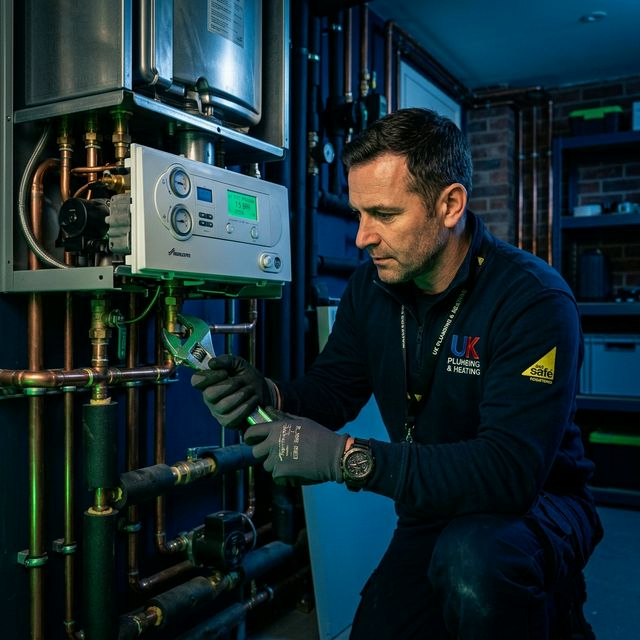 Professional plumber fixing a modern boiler system