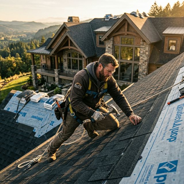 Professional roofer installing new shingles on a high-end residential home